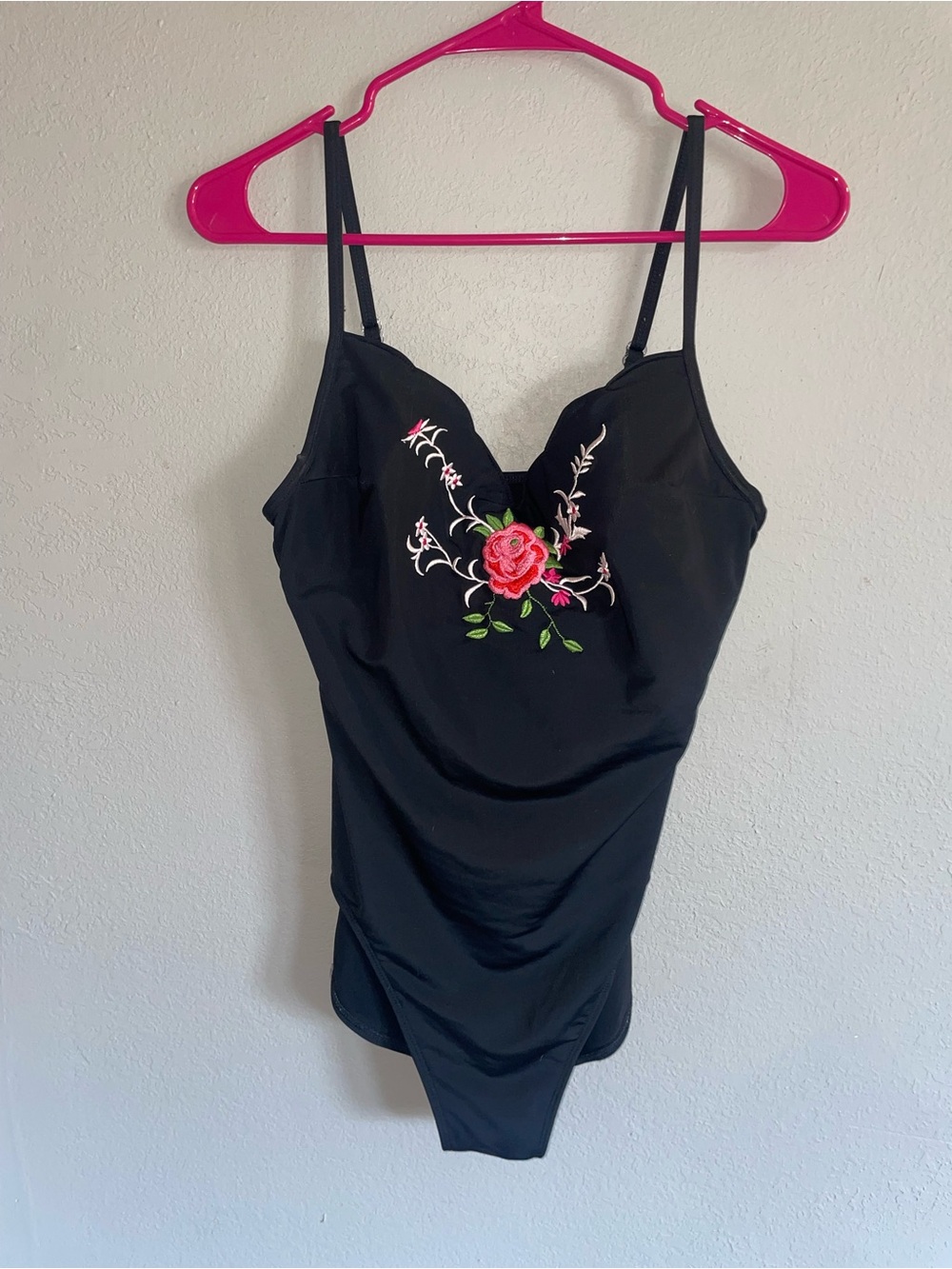 Black Floral Embroidered swimsuit slimming sz 12